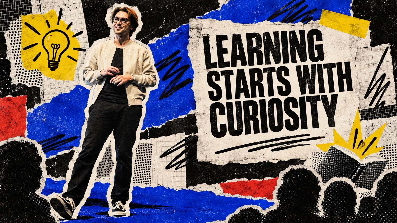 Collage of Robbert van Empel speaking with torn paper, blue accents and the words Learning Starts with Curiosity.
