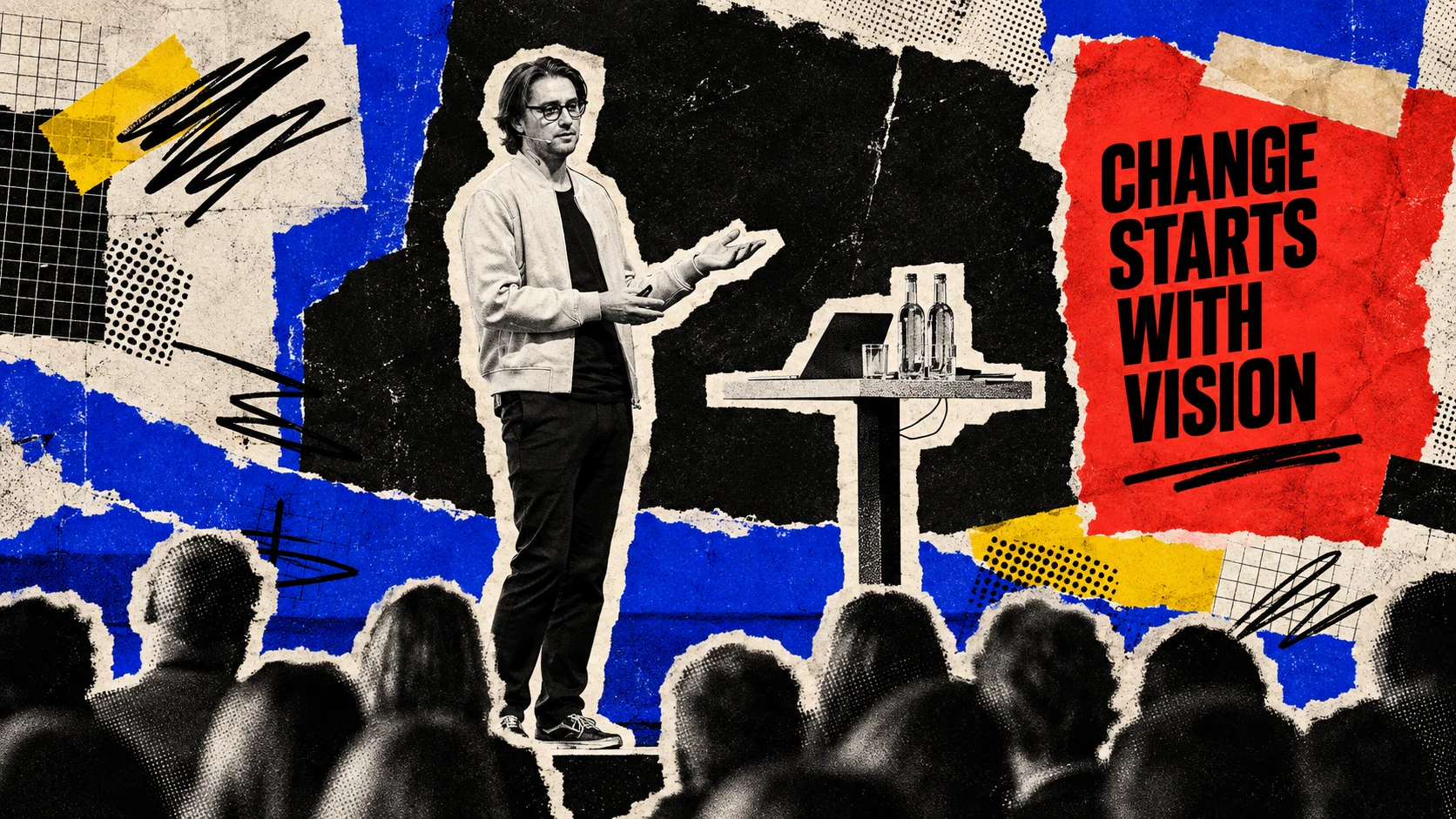Collage van Robbert van Empel als spreker naast een presentatietafel, met publiek en gekleurde papiervlakken.
