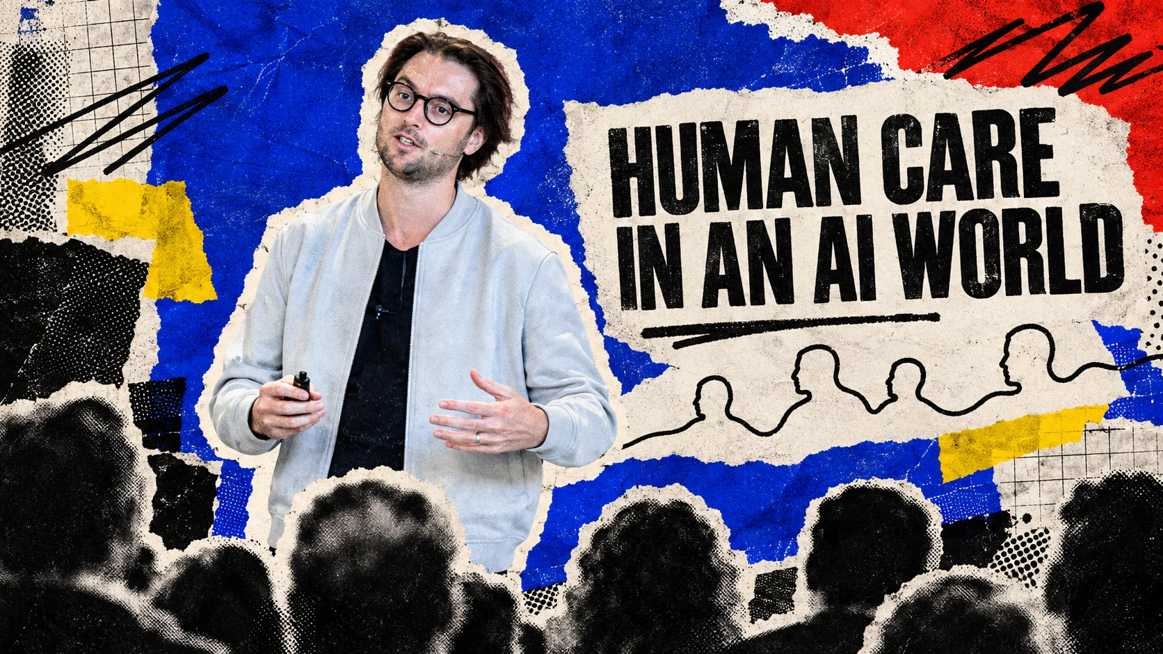 Collage of Robbert van Empel speaking with torn paper, blue accents and the words Human Care in an AI World.