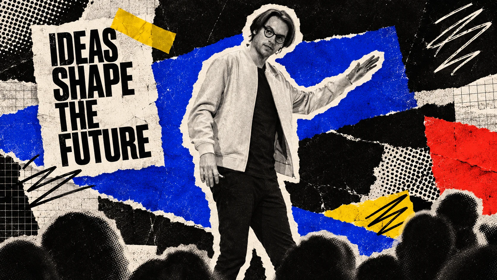 Collage of AI speaker Robbert van Empel with a raised hand, torn paper and blue, red and yellow accents.