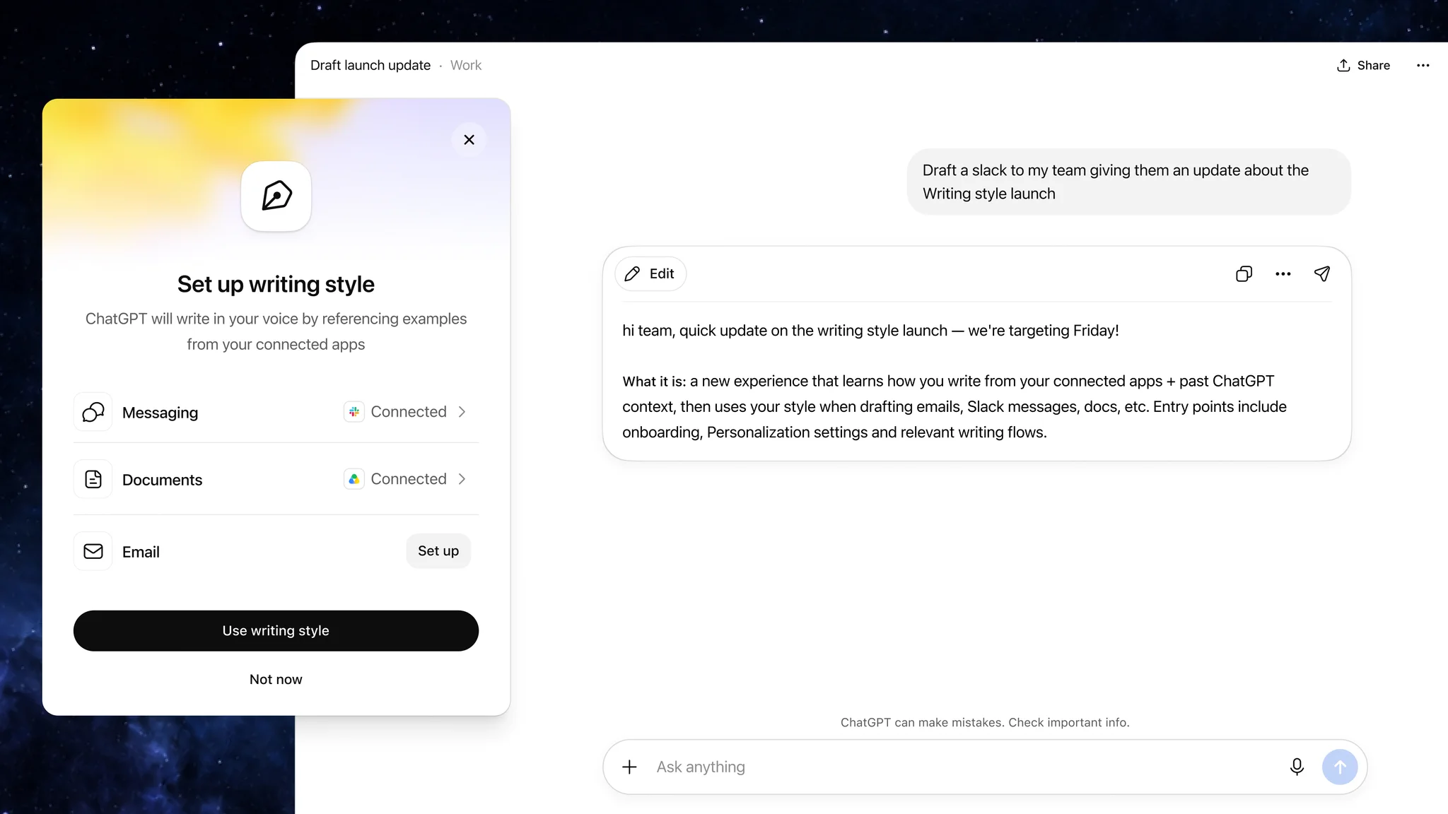 ChatGPT Work learns the writing style that makes your work sound like you