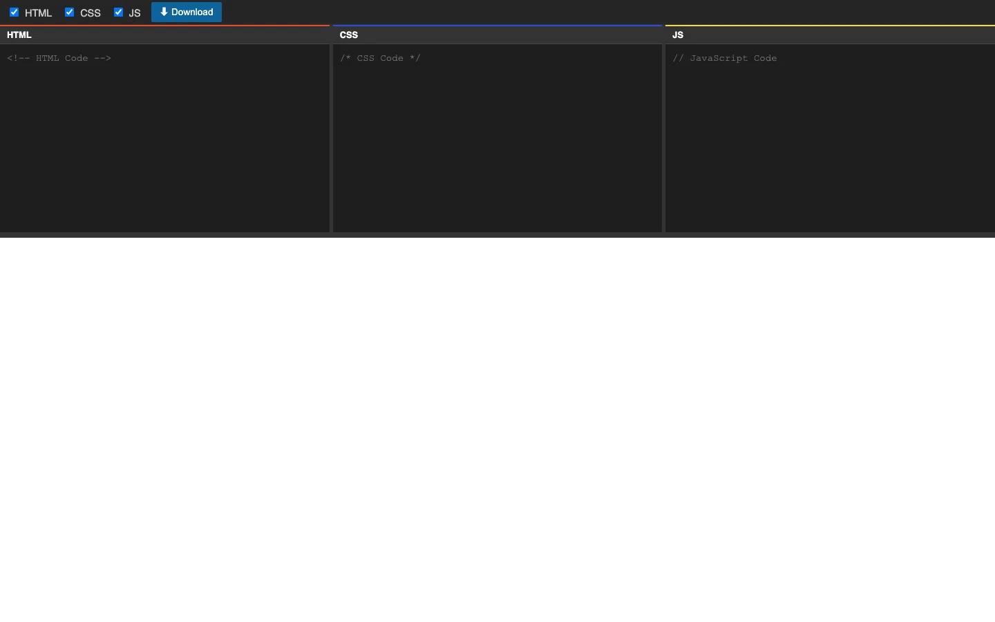 Three editor panels for HTML, CSS and JavaScript above the preview window.