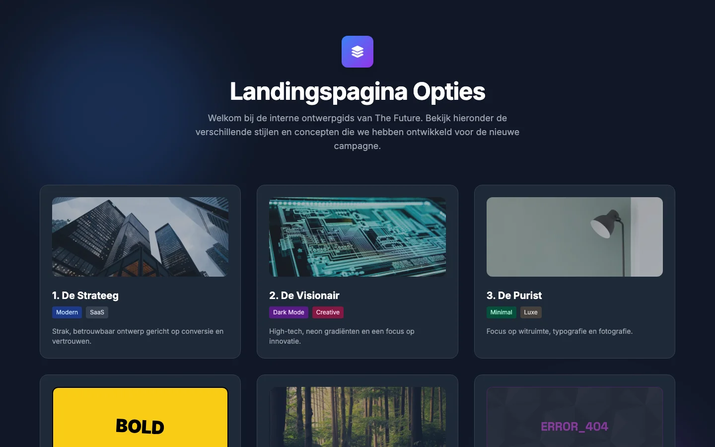 The design guide with cards for different landing-page designs.
