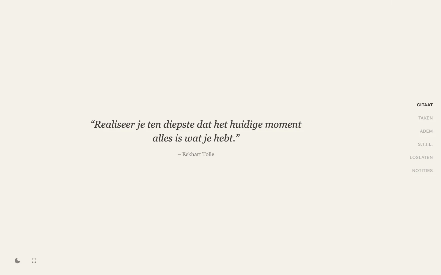 The calm Ongestoord interface with a quote and a side menu.