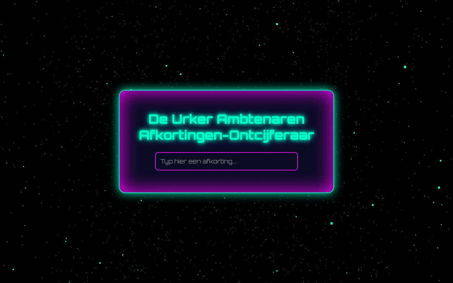 The neon-coloured search screen of the Urk abbreviation decoder.